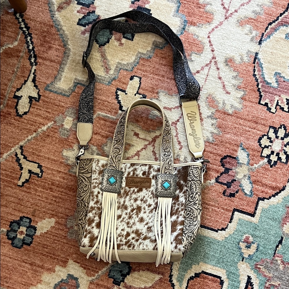 Wrangler Cream & Brown Cowhide Fringe Crossbody Bag with Turquoise Conchos